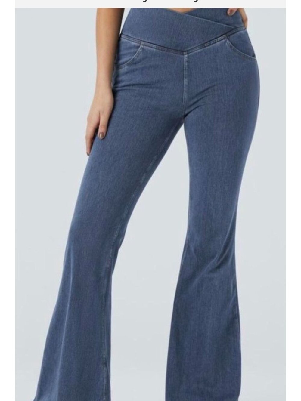 Halara XS Petite Flare Denim Pants With Crossover Waistband Cotton Blend Blue
